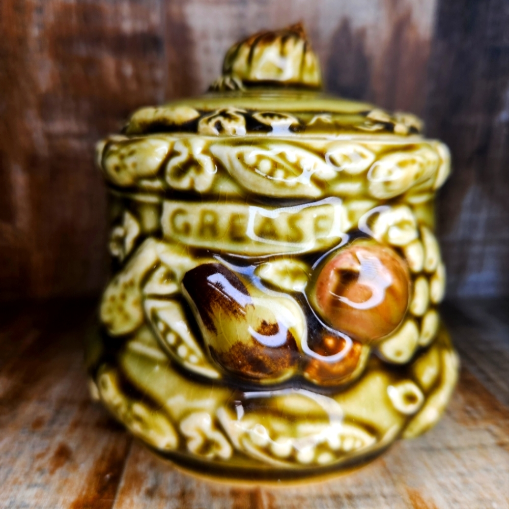 Vintage Tilso Ceramic Olive Avocado Green Grease Jar 4" Made In Japan MCM.